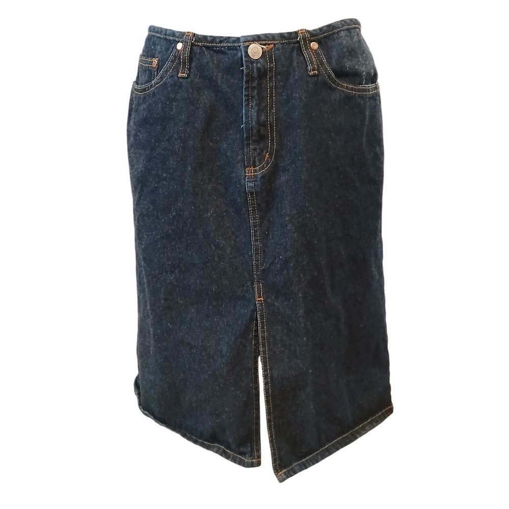 Paris Blues Originals Womens Dark Wash Denim Midi Skirt Size 11 Front Slit 90s